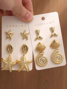 Set de 6-12 piezas de pendientes elegantes con conchas marinas, estrellas de mar y diseños geométricos de metal, accesorios de joyería adecuados para uso diario para mujeres - Dorado - Ver 7