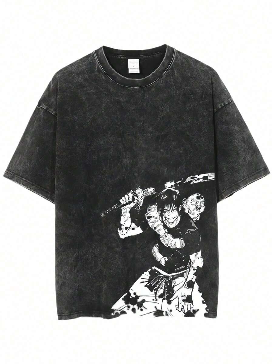 Winter Clothes YLQANONG JJK T-Shirt Itadori Yuji Anime Short Sleeve T-Shirt Round Neck Water Washed Tops, Holiday Gifts - 黑色 - 查看 1