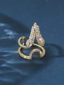 1 pieza Anillo abierto con patrón hueco chapado en cobre, uso versátil diario para mujeres - B - Ver 4