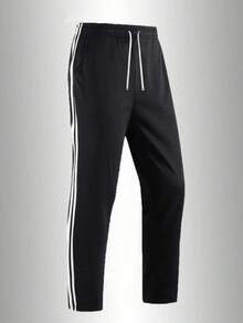 Women's Casual Black Straight Leg Sweatpants With White Side Stripe, Pockets, Knit Fabric, Loose & Comfortable, Aesthetic - Black - View 5