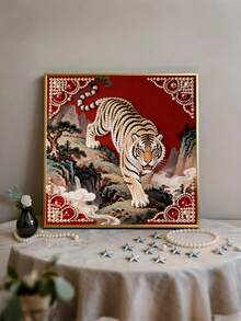 一套35*35厘米无框珍珠画老虎，新款墙面装饰，适合手工爱好者，DIY创意珍珠画套装，圆形珍珠季节性装饰，送给家人和朋友的礼物，复活节、母亲节、婚礼家居装饰、卧室装饰、艺术室装饰、母亲节礼物、成人玩具、女性 - 查看 3