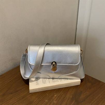 Chic Silver Metallic Shoulder Bag For Women, Y2K Retro Flap Crossbody Bag With Gold Clasp, Sleek Mini Handbag Perfect For Night Out, Party And Street Style Look