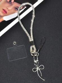 Juego minimalista de 1 cordón para teléfono con brillantes de strass, llavero con lazo, colgante para bolso, resistente y antidesvanecimiento, regalo de cumpleaños de primavera - Correa de transporte plateada + colgante de lazo - Ver 8