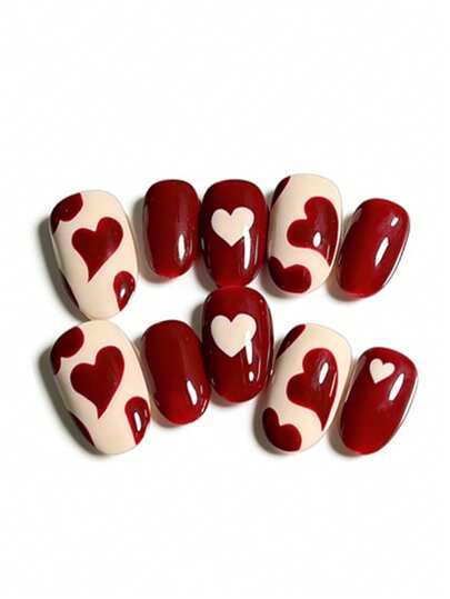 10pcs It's Named Crimson Heart Milk Candy. This Manicure Features A Bold Palette Of Deep Red And Milky White, With Oversized Red Heart Motifs On A Creamy Base And Tiny White Hearts On A Red Base. The Glossy Finish Catches Light Like A Red Heart Wrapped In Creamy Milk Candy, Creating A Sweet, Retro Vibe That's Both Romantic And Playful.