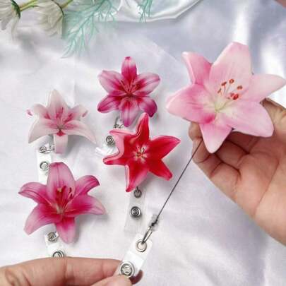 Pink Acrylic Lily Flower Rotating Retractable Badge Reel, Nurse/Doctor ID Card Holder Clip, Student Card/Lanyard Clip