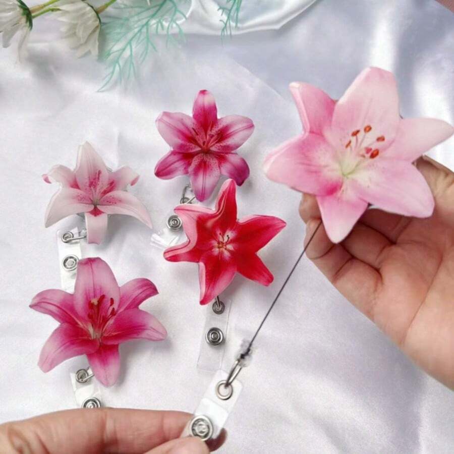 Pink Acrylic Lily Flower Rotating Retractable Badge Reel, Nurse/Doctor ID Card Holder Clip, Student Card/Lanyard Clip - 1PC - View 1