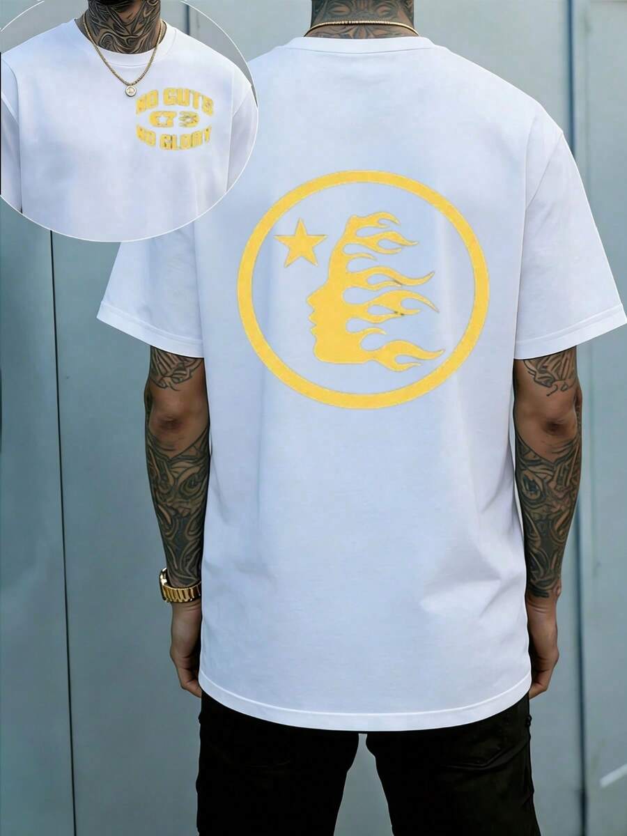 Hellstars No Guts No Glory Yellow Fire Hair Logo Vintage T-Shirt Double Sided Printed (220g 100% Cotton T-Shirt),Summer Clothes, Men's Tops, Casual And Comfortable, Fashionable Graphic Tee, Unisex Style - 白色 - 查看 1