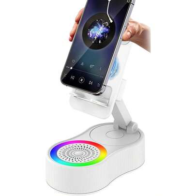 Bluetooth Speaker With Power Bank, 5-In-1 Wireless Speaker 3000mAh Portable Charger, Phone Holder Stand With Ambient Light, Foldable Travel Gift
