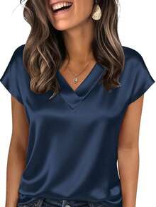 纯色V领系带袖女士缎面T恤，春夏真丝衬衫，沙滩度假短袖，商务休闲派对必备单品，母亲节礼物，尺码S-XXL - 藏蓝色 - 查看 4