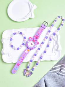 3件套女孩礼物 - 紫色卡通蝴蝶软硅胶表带儿童石英模拟手表，创意学生腕表，儿童项链手链首饰套装 - 紫色 - 查看 6