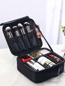 Large Capacity Minimalist Makeup Bag, With Two Removable Dividers, Portable Makeup Organizer With Handle, Durable Water-Resistant Cosmetic Storage Bag With Zipper And Adjustable Strap, Suitable For Travel And Events, Essential For Professional Makeup Artists (Removable Dividers Shipped Randomly),Bedroom Room Decor,Back To School - Black - View 1