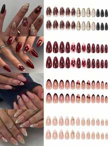 24pcs Medium Almond Shaped Nail Stickers, White French Pointed Tip, Floral Pattern, Fashionable Full Coverage, Suitable For Women & Girls Daily Wear, Summer Nail Art Nails Nail Supplies - 多色 6 - 查看 3