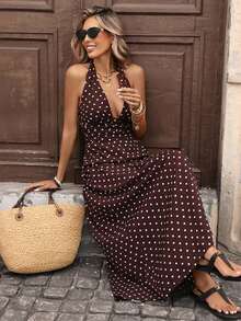 Sexy Retro Vacation Style Spaghetti Strap Fitted Deep V-Neck Polka Dot Slip Dress Elegant Party Summer - Brown - View 4
