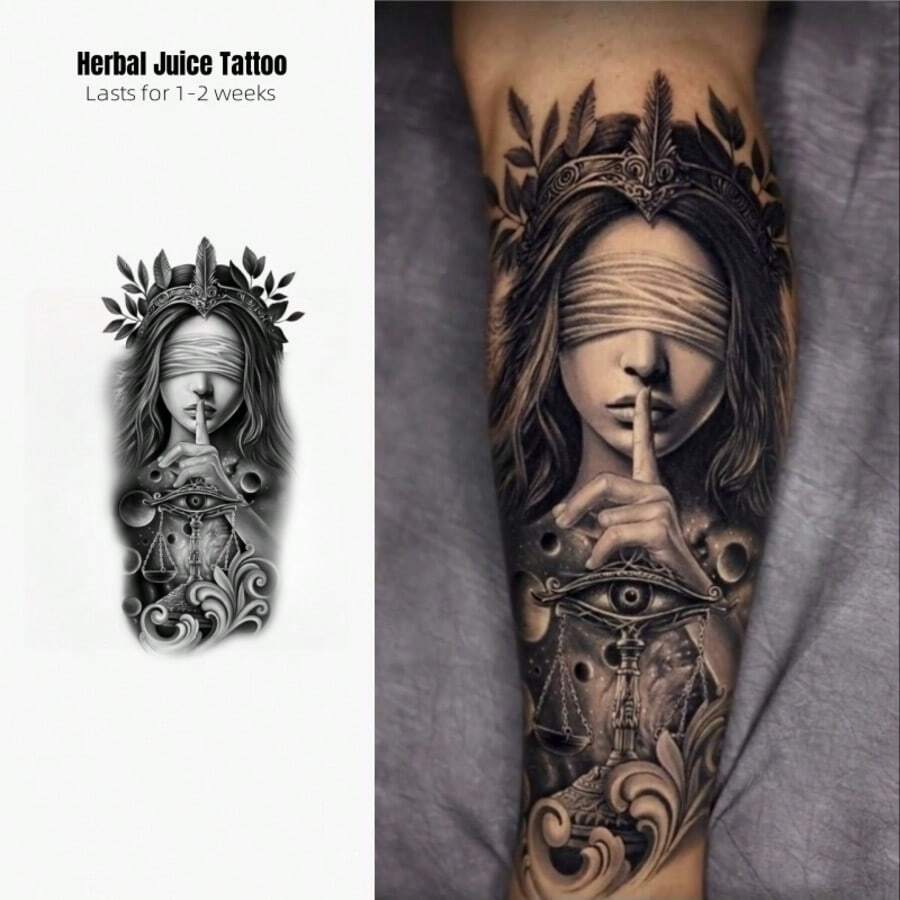 Northern Oracle: Blindfolded Goddess Temporary Tattoo - When The Gods Took Away Her Sight, They Granted Her The Power To See Through Fate. Made With Plant-Based Ingredients, Lasting Up To 15 Days. Perfect For Halloween