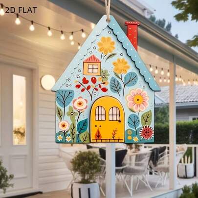 2D Printed Minimalist Wooden Cartoon House Plaque, Suitable For Indoor Home Decor, Bedroom, Living Room, Office And Cafe