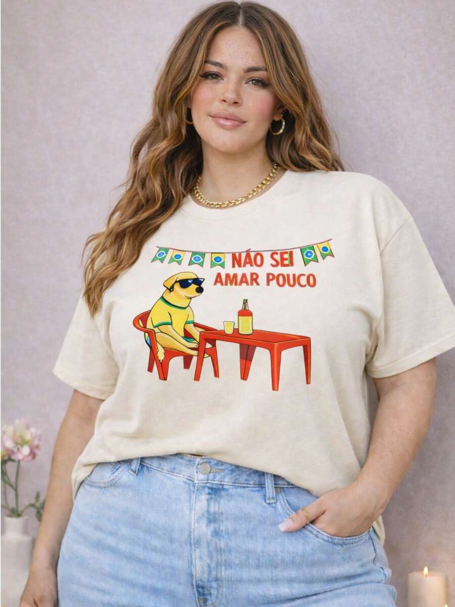 Copa T-Shirt, Women's Plus Size, Plain, Round Neck, , Oversized. - 米白色 - 查看 1