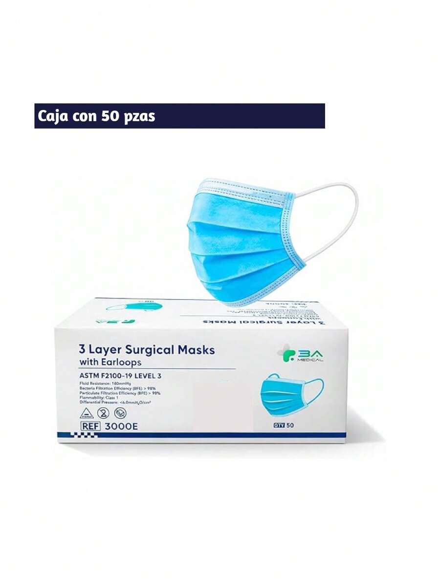 Disposable Adult Face Masks, Three-Layer, Comfortable Fit With Filter, For Daily Use (Box Of 50, Blue). Bluelander - A - View 1
