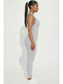 Women's Rib Knit Halter V-Neck Bodycon Jumpsuit - Casual Solid Color, Slim Fit Summer Jumpsuit, Polyester, Machine Washable - Grey - View 2