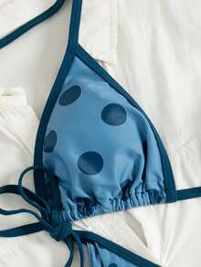 PEPPERMOLLY Summer Refreshing Blue & White Polka Dot Bikini, Spaghetti Strap Tie Triangle Cup Swimsuit, Slim Fit Whitening Girly Style Swimwear Suitable For Swimming Pool And Beach Vacation - Blue - View 5
