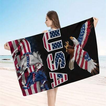 1pc Patriotic Flag Design Beach Towel With Cool Eagle Pattern, Super Absorbent, Lightweight, Quick-Dry, Soft & Comfortable - Suitable For Beach, Swimming, Yoga And Running, Great For St. Patrick's Day, Carnival, Beach Gift