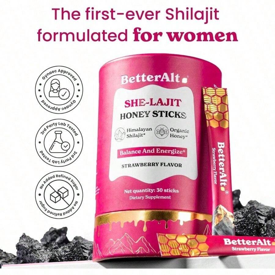 Sticks de She-lajit Honey | Shilajit 300mg + Extracto de Shatavari 80mg + Azafrán 2mg | 30 Unidades (8g c/u) | Complemento Alimenticio Diario