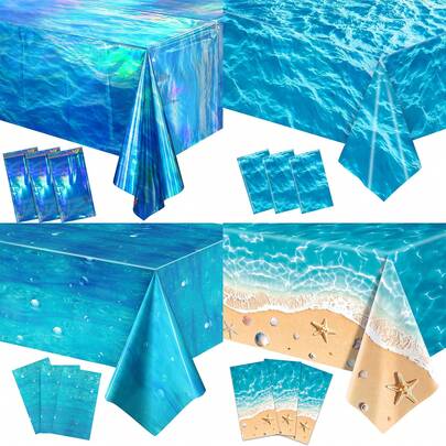 1 chiếc khăn trải bàn họa tiết sóng biển óng ánh - Khăn trải bàn nhựa dùng một lần hình chữ nhật màu xanh dương in hình sóng nước, thích hợp trang trí tiệc sinh nhật, tiệc mùa hè, tiệc bãi biển, lướt sóng, hồ bơi, tiệc Hawaii, tiệc mừng em bé (54 x 108 inch), 6 kiểu.