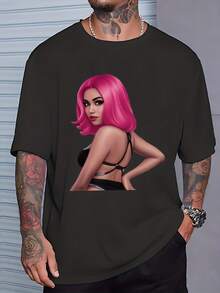 Camiseta Retro para Hombre con Estampado Gráfico Alfabético - Diseño de Cabello Rosa y Letras Tipo Kanji, Camiseta Negra Casual de Cuello Redondo para Verano y Uso Durante Todo el Año, Lavable a Máquina, Tallas Completas S-XXL (Estilo Inspirado en Anime) - Negro - Ver 6