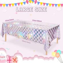 1 Pack Pink & Rainbow Plaid Disposable Holographic Foil Tablecloth, Plastic Laser Rectangle Tablecloth Suitable For Picnic, Birthday Party, Racing Event - Multicolor - View 3