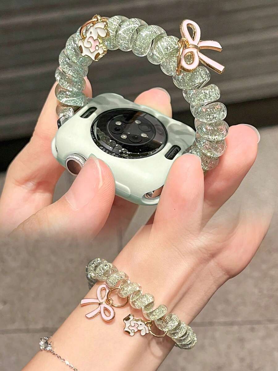 1个女士绿色时尚发圈蝴蝶结弹力带,适用于38/40/41/42/44/45/49/46mm Ultra2/Ultra/SE/10/9/8/7/6/5/4/3/2/1 - 綠色 - 查看 1