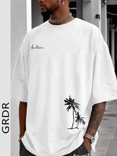  GRDR Men's Casual Round Neck Palm Tree Print Short Sleeve T-Shirt, Comfortable & Fashionable