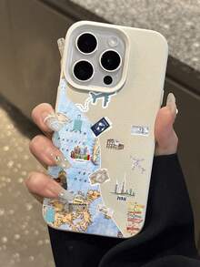 1pc Fashion City Landmark Collage Pattern Litchi Texture Shockproof Anti-Slip Soft Phone Case Compatible With Apple, Phones - Multicolor - View 4