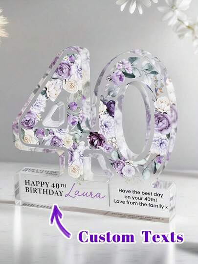 1pc Customizable Acrylic Number 40th Birthday Gift ,Personalized Digital Birthday Plaques For Any Age Group,Custom Flower Digital Plaque , Decor With Name & Message,Purple Flower Milestone,Birthday Gift,The Best Gift For Grandparents, Father And Mother