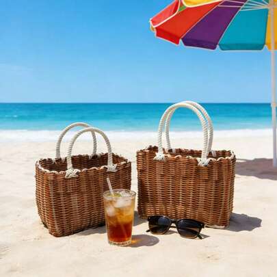 1 Giỏ dã ngoại đan tay giả mây có tay cầm, Giỏ mua sắm đan bằng polypropylene bền và nhẹ dùng đựng trái cây, rau củ, trứng - Cỡ nhỏ/lớn, Giỏ đựng đồ đan thủ công dùng cho dã ngoại ngoài trời, đựng trái cây và rau củ, đựng đồ trong phòng tắm, Giỏ quà tặng ngày Valentine, Giỏ đựng đồ bằng nhựa gấp gọn cỡ lớn giả mây có tay cầm dùng đựng trái cây và rau củ, dã ngoại, nhà bếp, phòng giặt, sắp xếp đồ dùng trong phòng tắm.