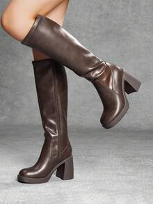 Athlefit Women's Stretch Knee High Boots - Platform Chunky Heel Square Toe Side Zip - 棕色 - 查看 4