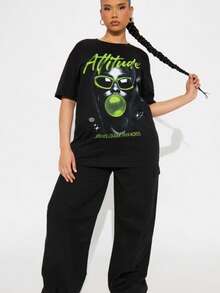American Street Style Black Short-Sleeved T-Shirt, Printed With An Image Of A  Blowing Green Bubblegum And The Slogan "Actions Speak Louder Than Words," Women's T-Shirt, Suitable For Women Who Like Y2K And Street Hip-Hop Styles. - 黑色 - 查看 3