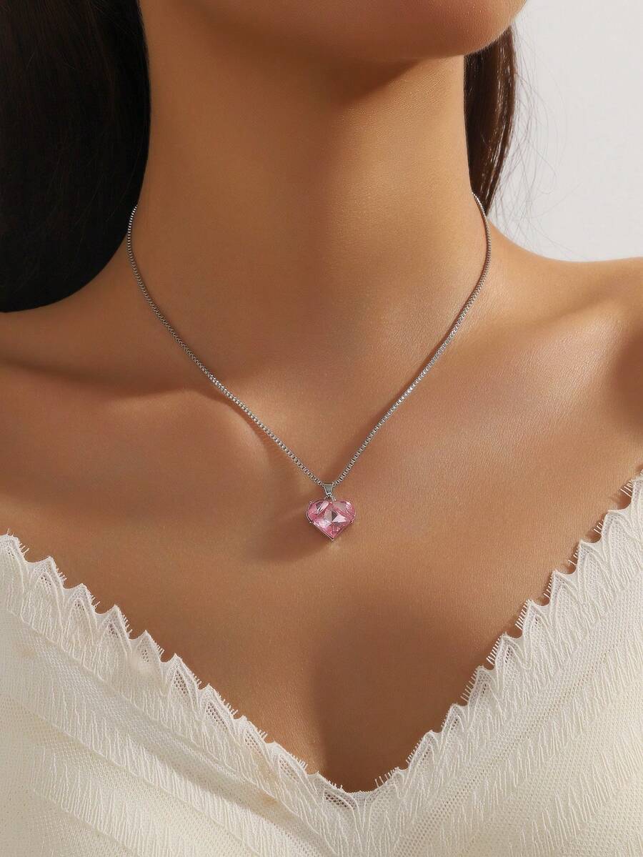 1 pieza Collar con colgante de corazón de vidrio con estilo de moda Y2K europeo y americano, regalo para mujeres en el Día de San Valentín