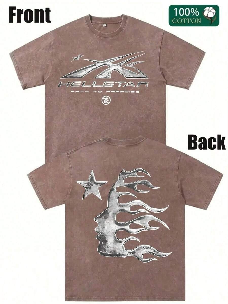 Men's Printed Pattern Washed T-Shirt - Casual Loose Summer T-Shirt With Star And Flame Design, Adult Brown 100% Pure Cotton Round Neck Shirt, Breathable T-Shirt | Avant-Garde Casual Wear | 100% Pure Cotton Printed T-Shirt - 咖啡棕 - 查看 1