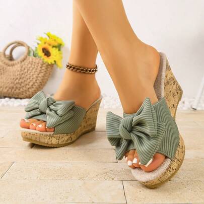 Women's Woven Wedge High Heel Shoes, Bow Decor, Elegant Bohemian Woven Slip-On, Comfortable Outdoor Summer