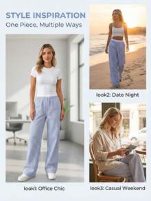 女士浅蓝色亚麻抽绳阔腿裤 | 休闲高腰裤 - 藍色 - 查看 7