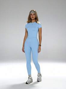 FWH #All-Match All-Season# Shaping Versatile Style Slimming & Flattering Shirt, Multi-Scenario Wear, Women's Slimming Athletic Yoga 2-Piece Set Sports - Blue - View 6