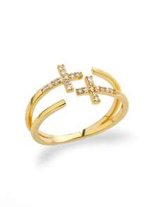 1PC Zirconia Double Cross Rings For Women Vintage Gold Color Opening Crystal Cross Finger Ring Party Wedding Jewelry Gift - Multicolor - View 13