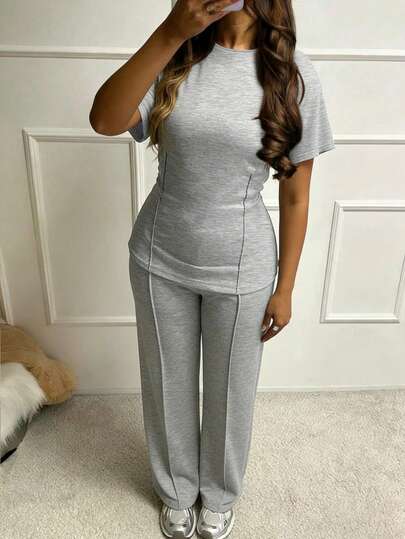 2pcs Women's Summer Casual Elegant Round Neck Short Sleeve Top And Straight Leg Pants Set, Suitable For Daily Commute