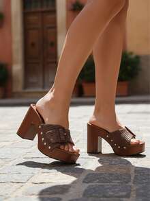 New High Heeled Sandals For Women Round Toe Buckle Chunky Heel Clogs Mule Shoe Studded Slip On Slides Non Slip High Heels Party Work Beach Business Casual Wedding Dress Shoes Casual Oudoor Fashion Easter Gifts Spring Festival Womens Summer Sandal Brown Raffia Sandals - 褐色拉菲亞 - 查看 5