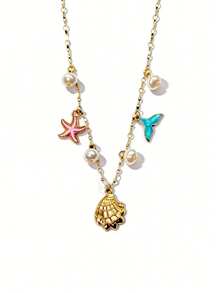 1 chiếc vòng cổ nhiều lớp kiểu đuôi cá, ngọc trai giả, tua rua, vỏ sò và hình ngôi sao. - Vàng - Xem 2