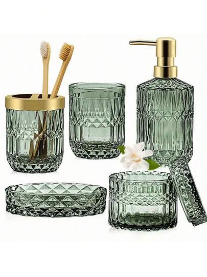 5pcs Light Luxury Bathroom Accessory Set, Including Lotion Dispenser Glass & Toothbrush Holder Cup & Tumbler & Soap Dish & Cotton Bud Jar, Bathroom Vanity Accessories