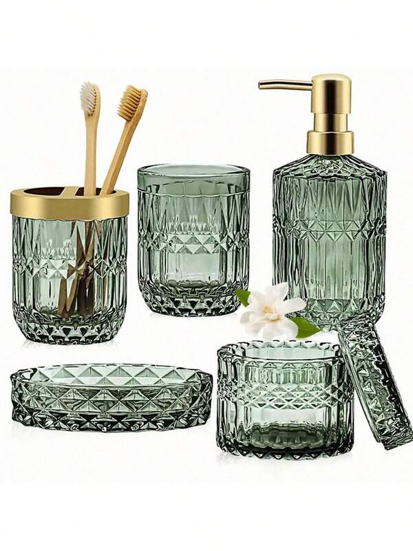 5pcs Luxury Bathroom Accessories Set, Including Lotion Dispenser, Toothbrush Holder, Rinse Cup, Soap Dish, Cotton Swab Jar, Bathroom Countertop Decor