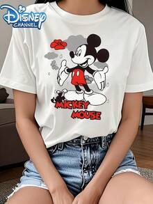 Disney Mickey Mouse Print Fashionable Breathable Casual Short-Sleeve T-Shirt, Machine Washable, Non-Transparent, Easy-Care Material, Suitable For Outdoor S, Parties, And Casual Wear, Round Neck, Women's Fashion - White - View 1
