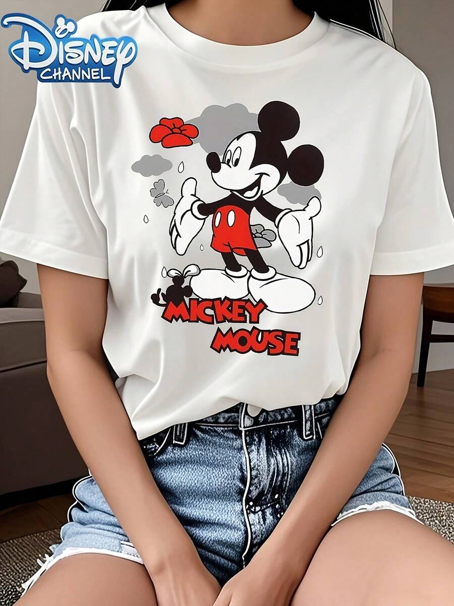 Disney Mickey Mouse Print Fashionable Breathable Casual Short-Sleeve T-Shirt, Machine Washable, Non-Transparent, Easy-Care Material, Suitable For Outdoor S, Parties, And Casual Wear, Round Neck, Women's Fashion - White - View 1