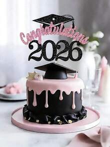 1 pieza Decoración para tarta de Birrete y Diploma de Graduación 2026, disponible en negro y rosa, adecuado para la fiesta temática de ceremonia de graduación 2025 - Pólvora negra - Ver 2