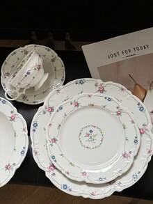 1 Juego de taza y platillo de cerámica con relieve floral estilo retro francés, plato con borde floral colorido y romántico, plato de postre para el té de la tarde, vajilla occidental, adecuado para reuniones en el jardín y charlas de té - Multicolor - Ver 3